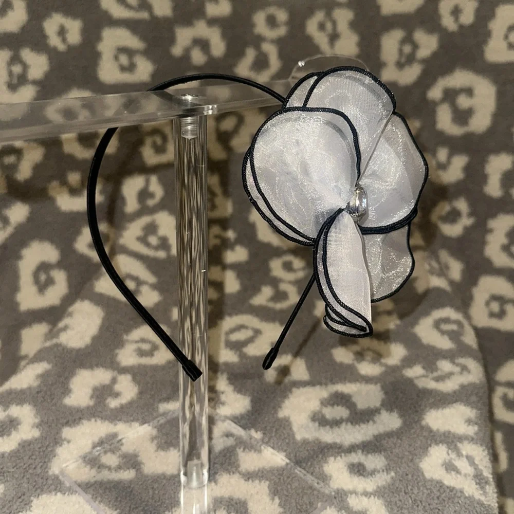 Tasha Black Band with Elegant Sheer White Flower with Clear Rhinestone Headband - Picture 3 of 17